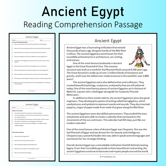 Ancient Egypt | Reading Comprehension Passage Printable Worksheet