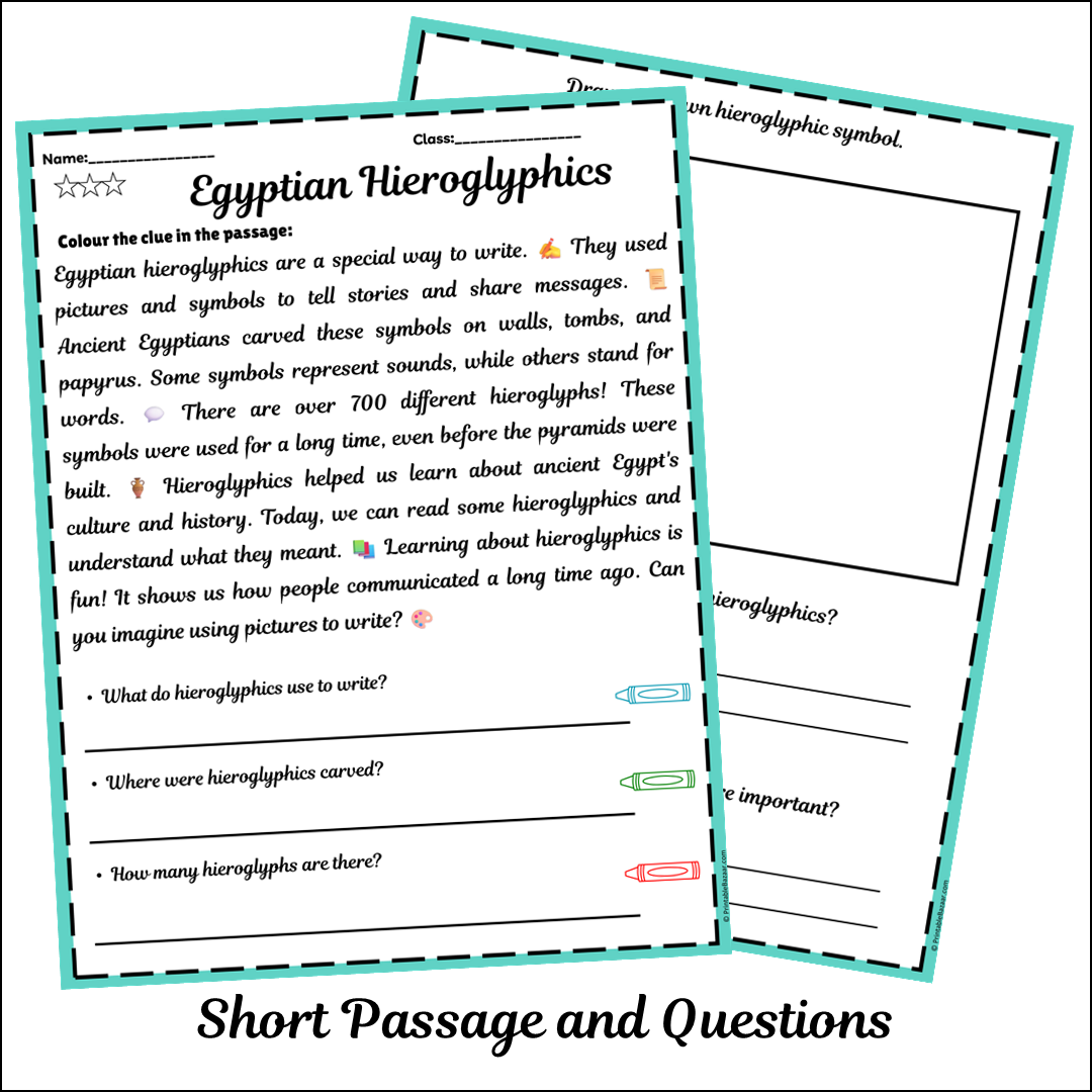 Egyptian Hieroglyphics | Short Reading Comprehension Creative Worksheet