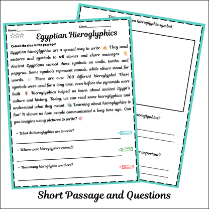 Egyptian Hieroglyphics | Short Reading Comprehension Creative Worksheet
