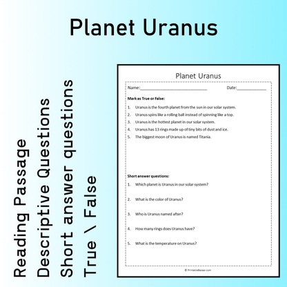 Planet Uranus | Reading Comprehension Passage Printable Worksheet