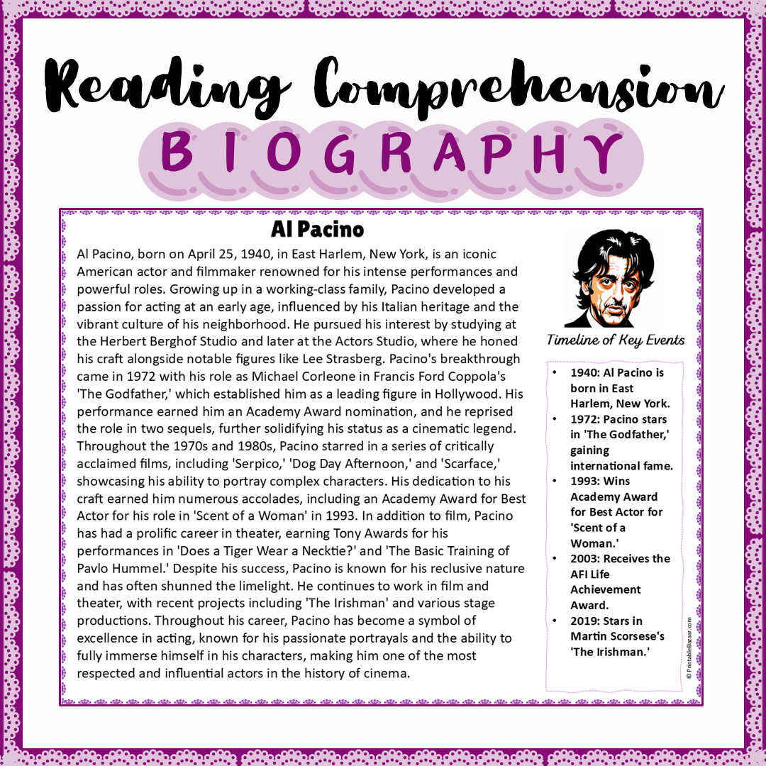 Al Pacino | Biography Reading Comprehension and Questions Worksheet