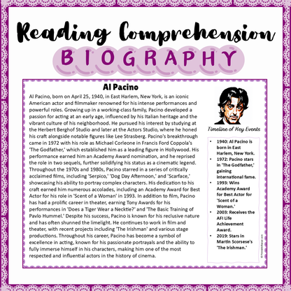 Al Pacino | Biography Reading Comprehension and Questions Worksheet