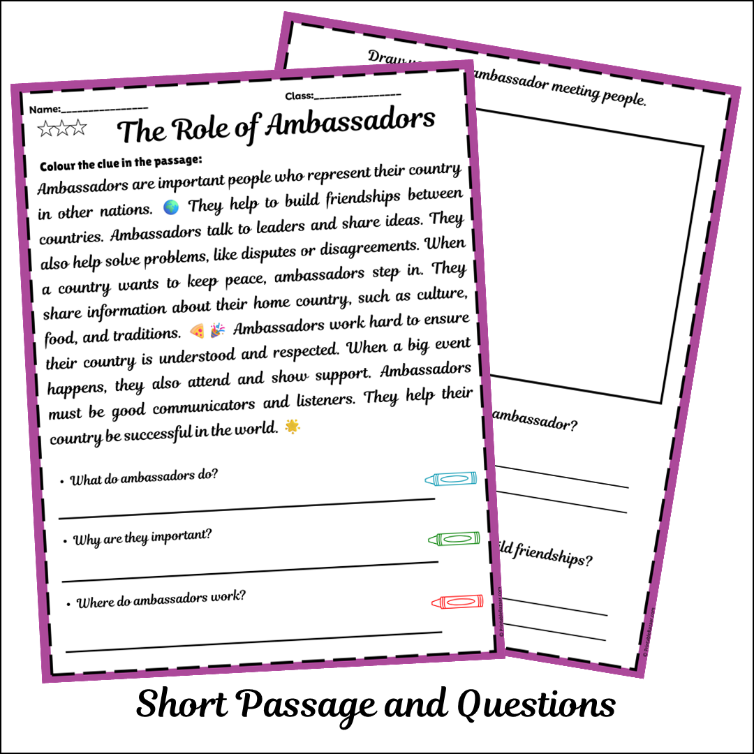 The Role of Ambassadors | Short Reading Comprehension Creative Worksheet