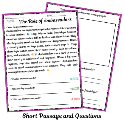 The Role of Ambassadors | Short Reading Comprehension Creative Worksheet