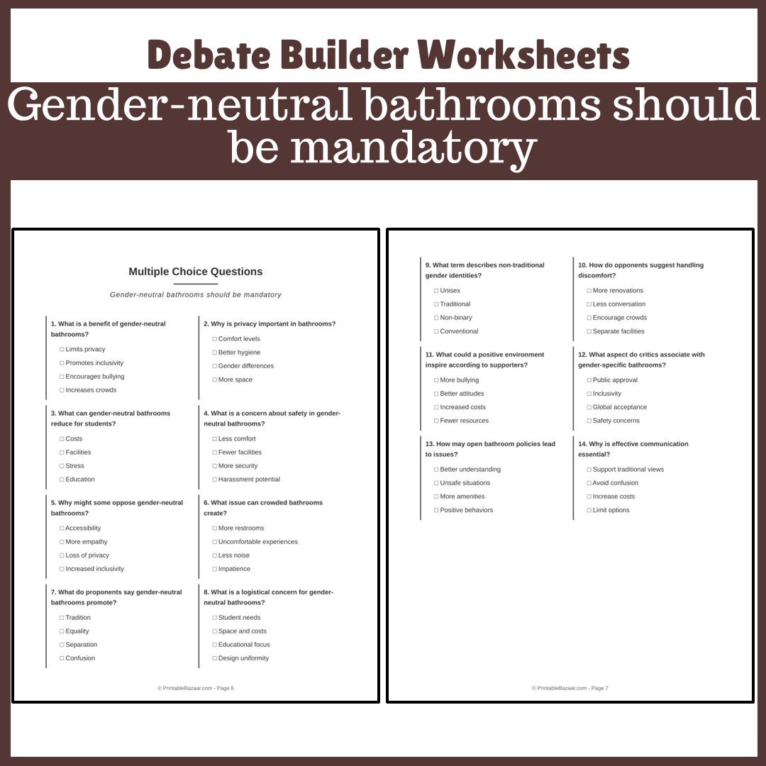 Gender-neutral bathrooms should be mandatory | Favour and Against Worksheet Printable Activity