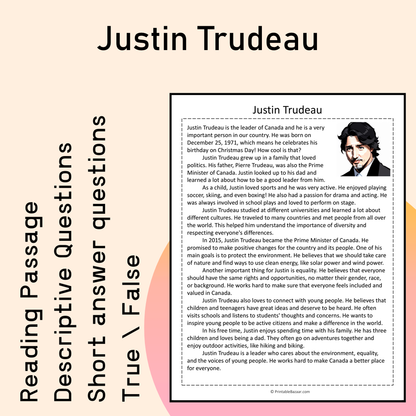 Justin Trudeau | Reading Comprehension Passage Printable Activity