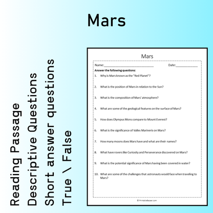 Mars | Reading Comprehension Passage Printable Worksheet
