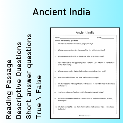 Ancient India | Reading Comprehension Passage Printable Worksheet