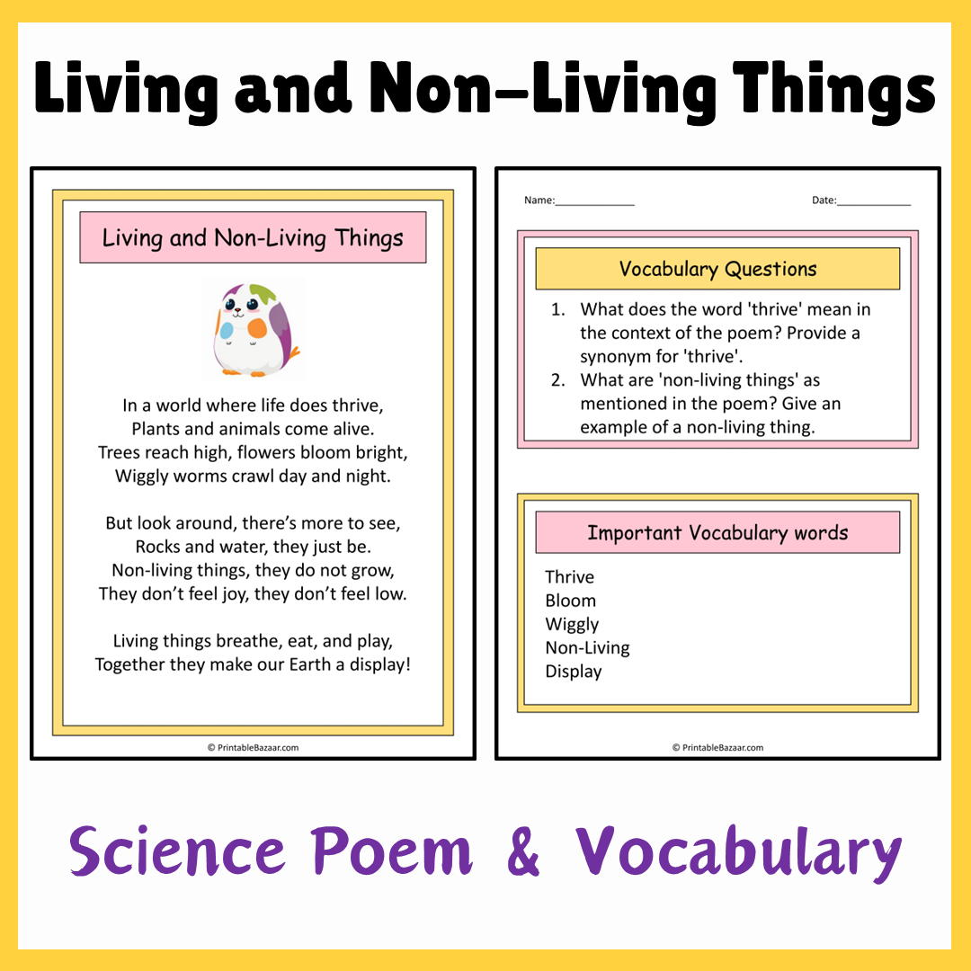 Living and Non-Living Things | Science Poem Reading Comprehension Activity