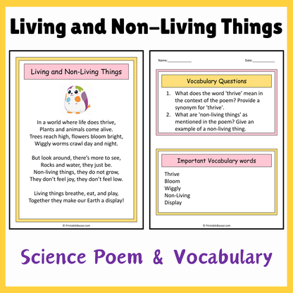 Living and Non-Living Things | Science Poem Reading Comprehension Activity