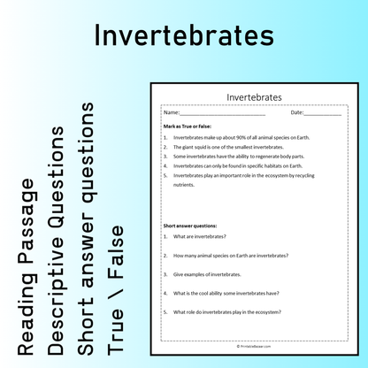 Invertebrates | Reading Comprehension Passage Printable Worksheet