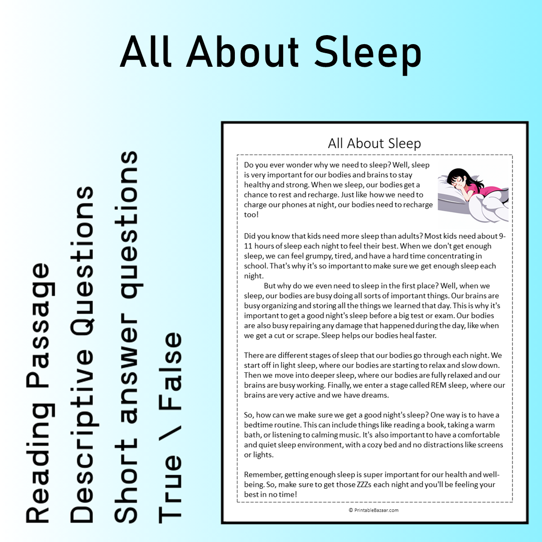 All About Sleep | Reading Comprehension Passage Printable Worksheet