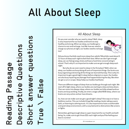 All About Sleep | Reading Comprehension Passage Printable Worksheet
