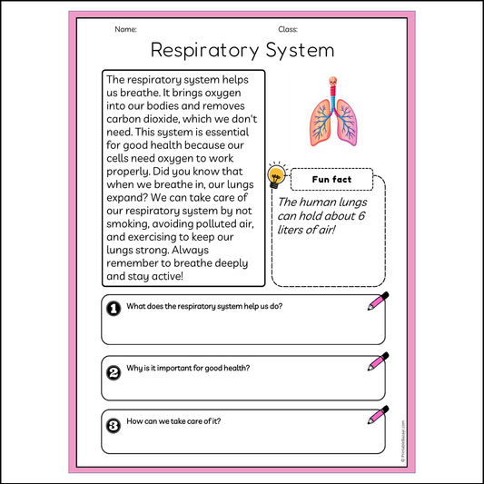 Respiratory System | Reading Passage Comprehension Questions Writing Facts Worksheet