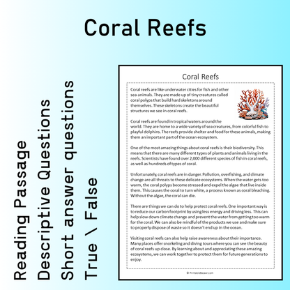 Coral Reefs | Reading Comprehension Passage Printable Worksheet