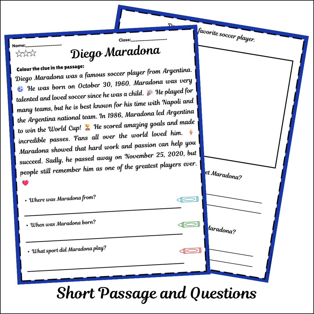 Diego Maradona | Short Reading Comprehension Creative Worksheet