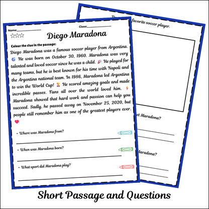 Diego Maradona | Short Reading Comprehension Creative Worksheet