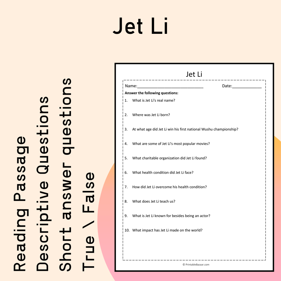 Jet Li | Reading Comprehension Passage Printable Activity