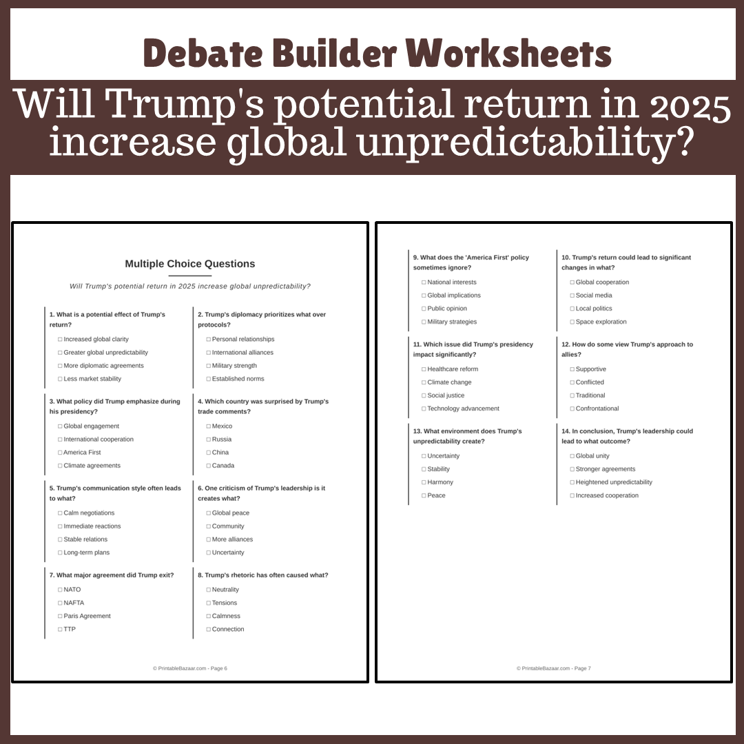 Will Trump's potential return in 2025 increase global unpredictability? | Favour and Against Worksheet Printable Activity