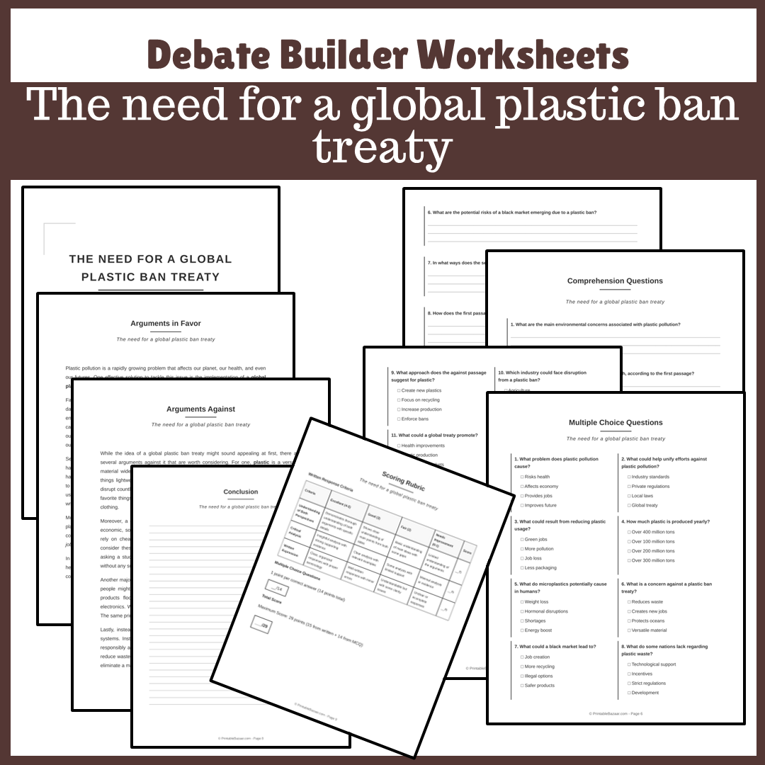 The need for a global plastic ban treaty | Favour and Against Worksheet Printable Activity