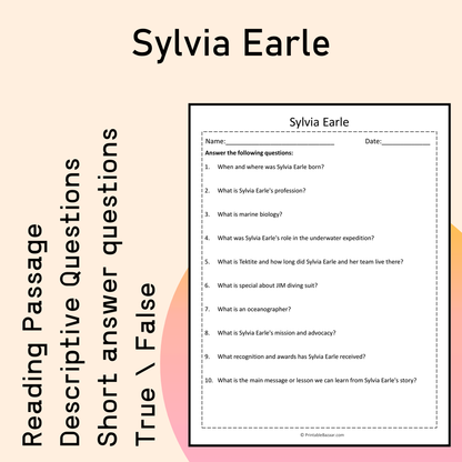 Sylvia Earle | Reading Comprehension Passage Printable Activity
