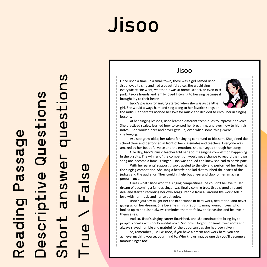 Jisoo | Reading Comprehension Passage Printable Activity