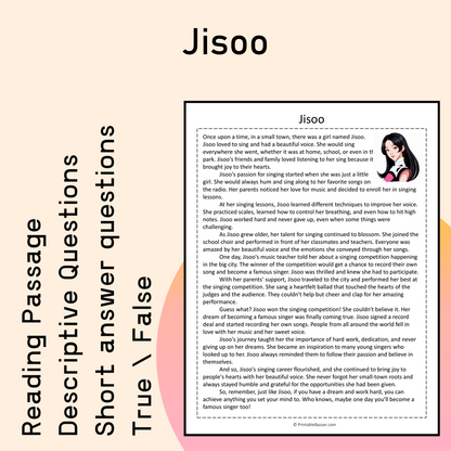 Jisoo | Reading Comprehension Passage Printable Activity