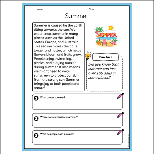 Summer | Reading Passage Comprehension Questions Writing Facts Worksheet