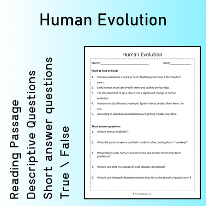 Human Evolution | Reading Comprehension Passage Printable Worksheet