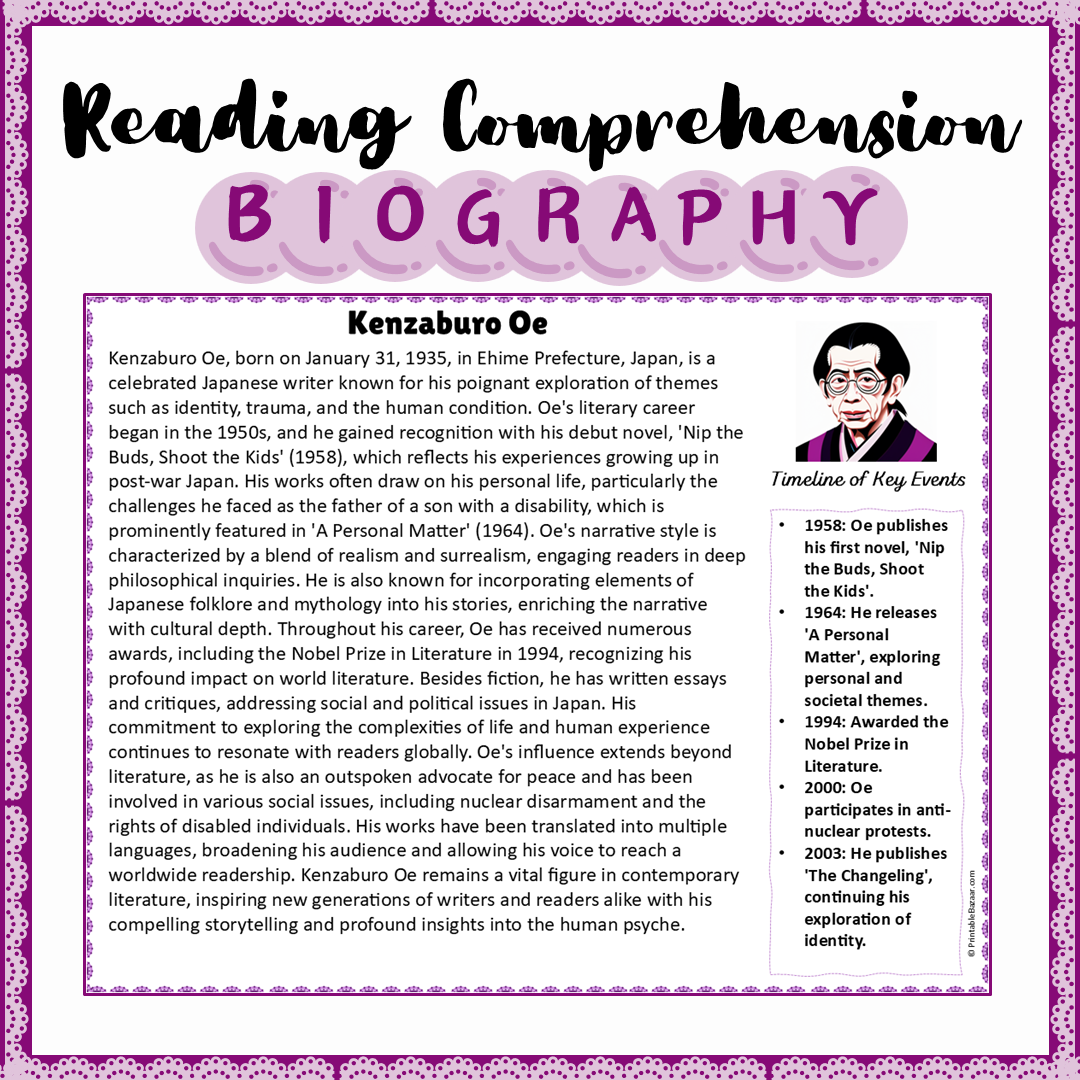 Kenzaburo Oe | Biography Reading Comprehension and Questions Worksheet