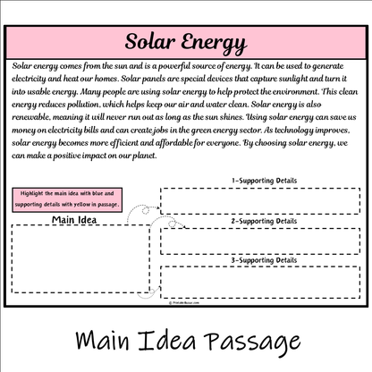 Solar Energy | Main Idea and Supporting Details Reading Passage and Questions