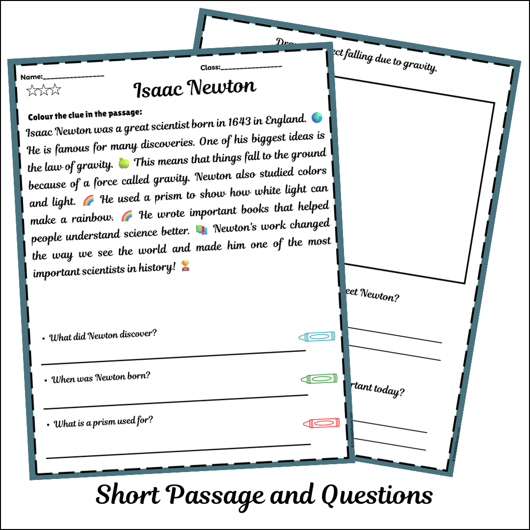 Isaac Newton | Short Reading Comprehension Creative Worksheet