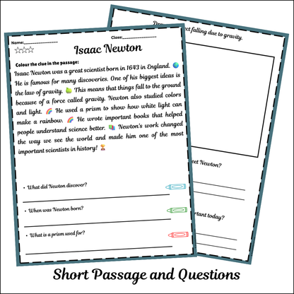 Isaac Newton | Short Reading Comprehension Creative Worksheet