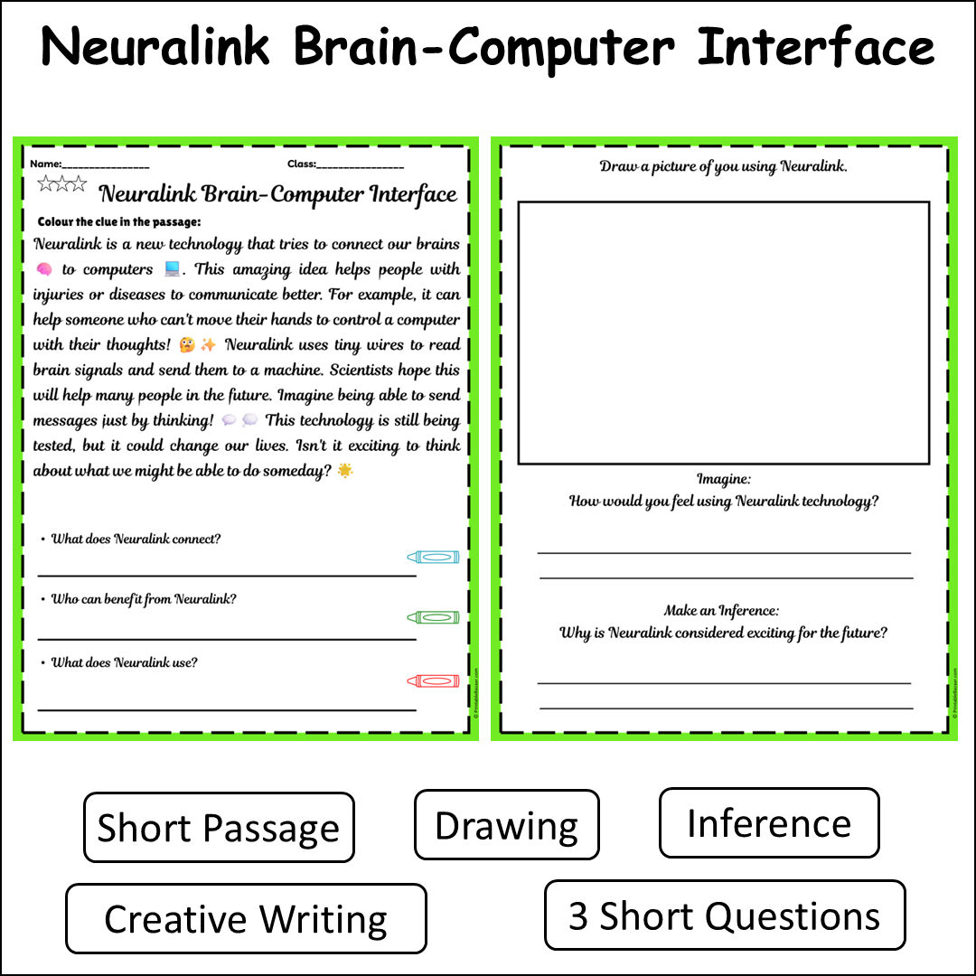 Neuralink Brain-Computer Interface | Short Reading Comprehension Creative Worksheet
