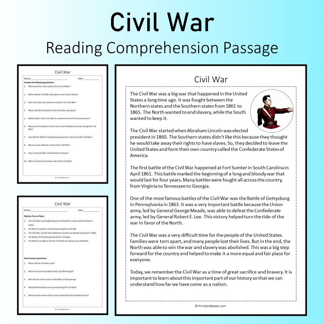 Civil War | Reading Comprehension Passage Printable Worksheet
