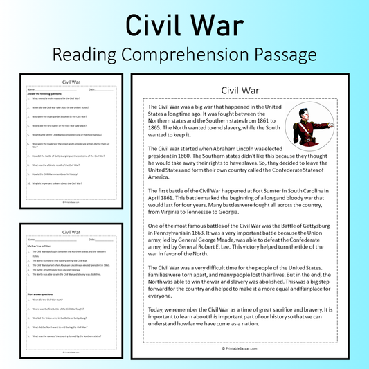 Civil War | Reading Comprehension Passage Printable Worksheet