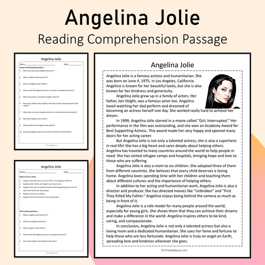 Angelina Jolie | Reading Comprehension Passage Printable Activity