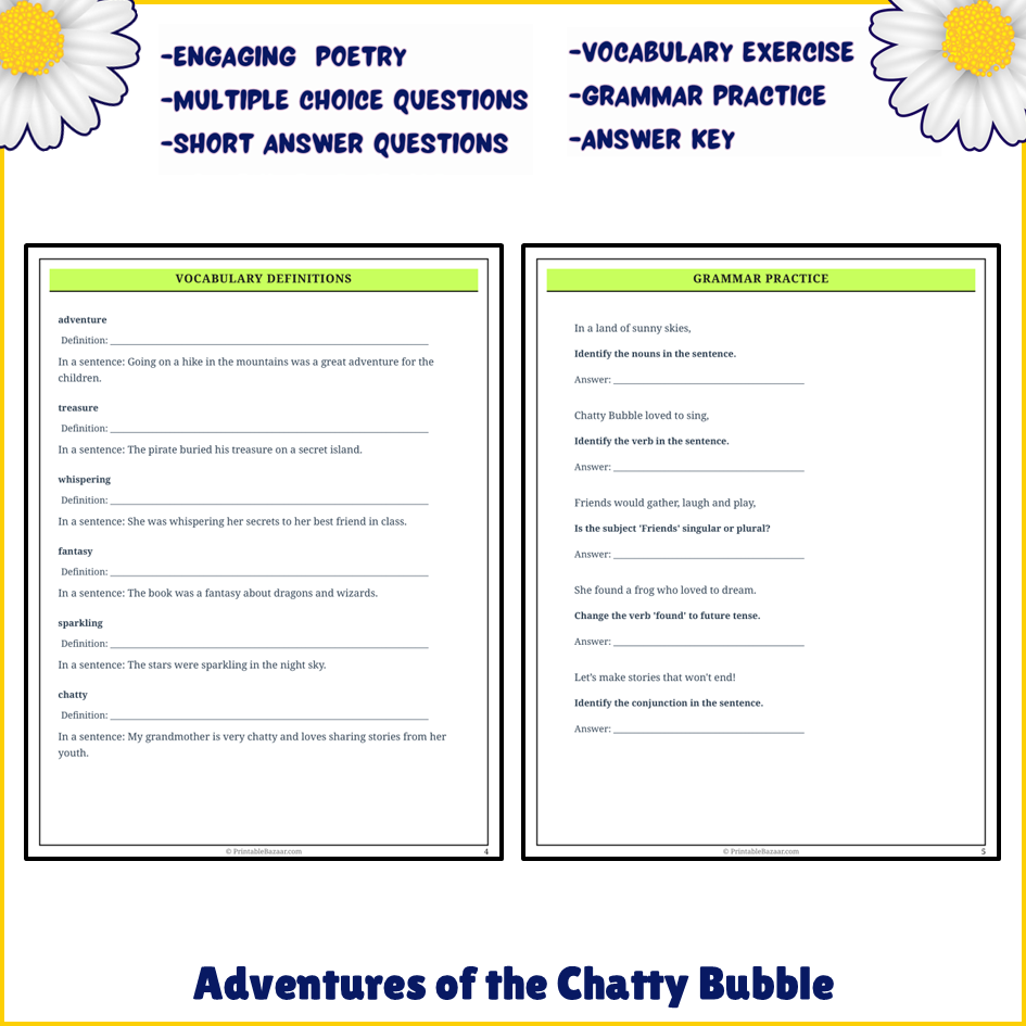 Adventures of the Chatty Bubble | Poem Grammar Worksheet Printable Activity