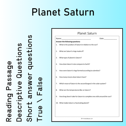 Planet Saturn | Reading Comprehension Passage Printable Worksheet
