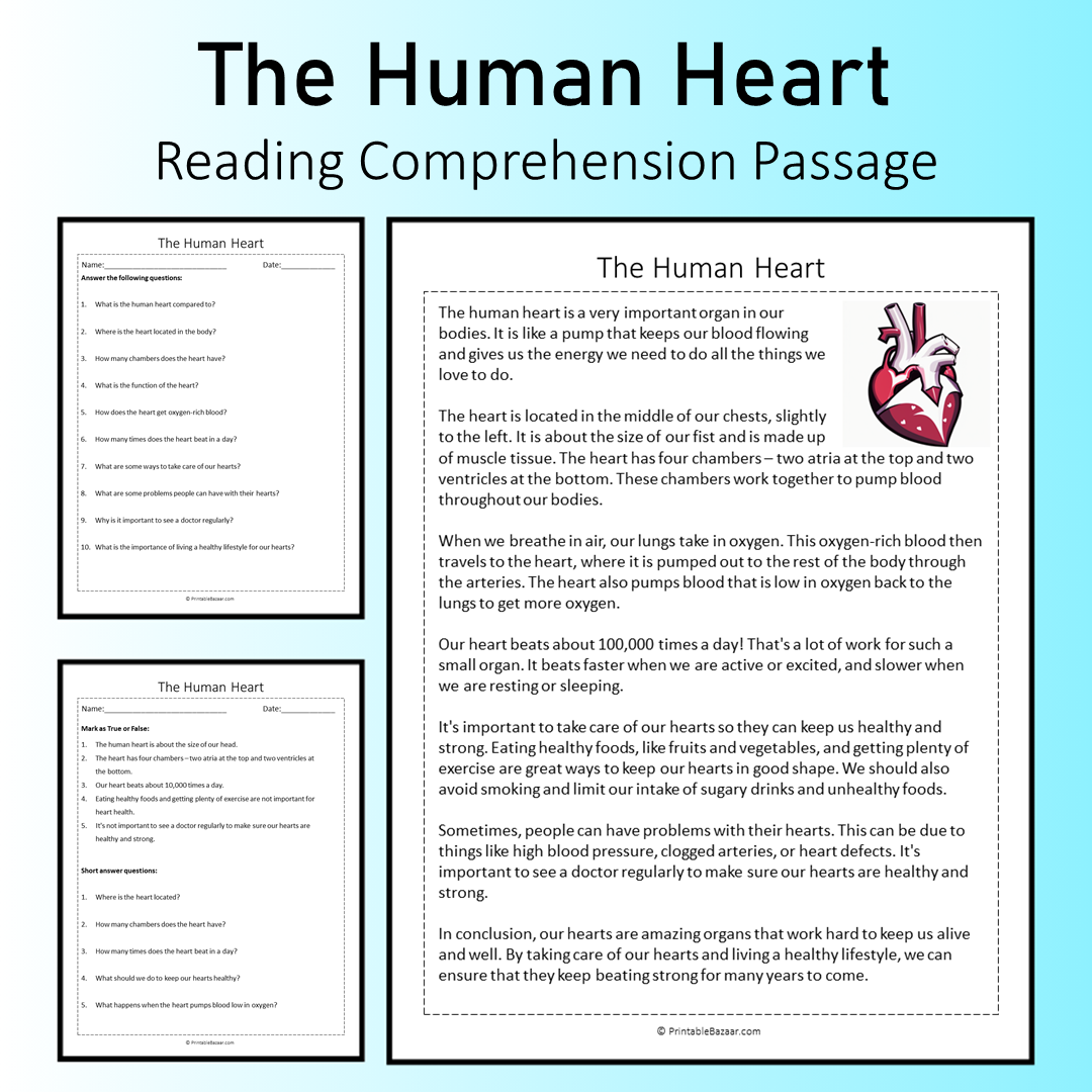 The Human Heart | Reading Comprehension Passage Printable Worksheet