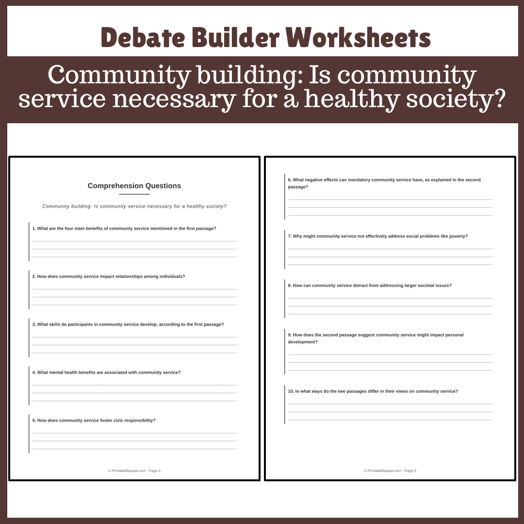 Community building: Is community service necessary for a healthy society? | Favour and Against Worksheet Printable Activity