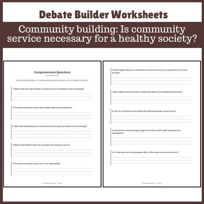 Community building: Is community service necessary for a healthy society? | Favour and Against Worksheet Printable Activity