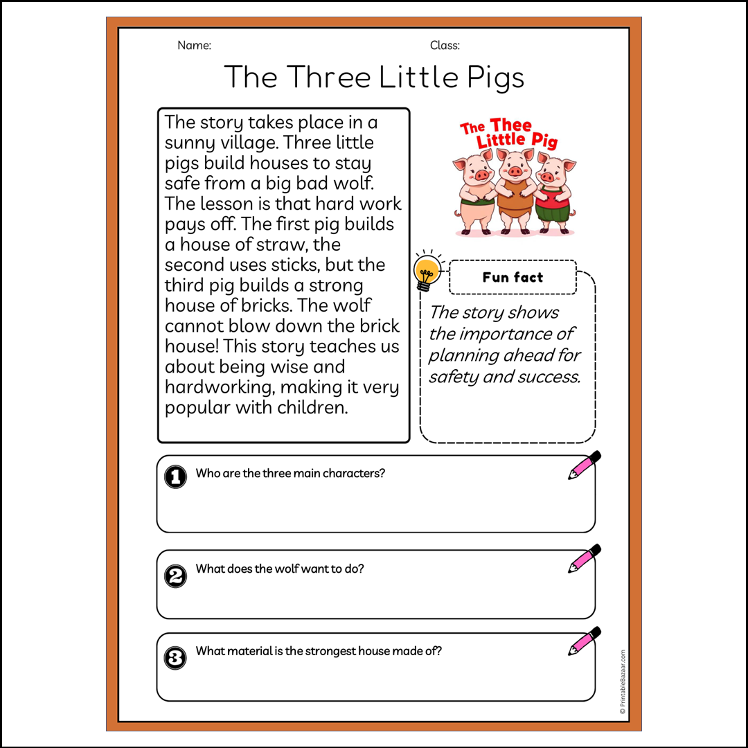 The Three Little Pigs | Reading Passage Comprehension Questions Writing Facts Worksheet