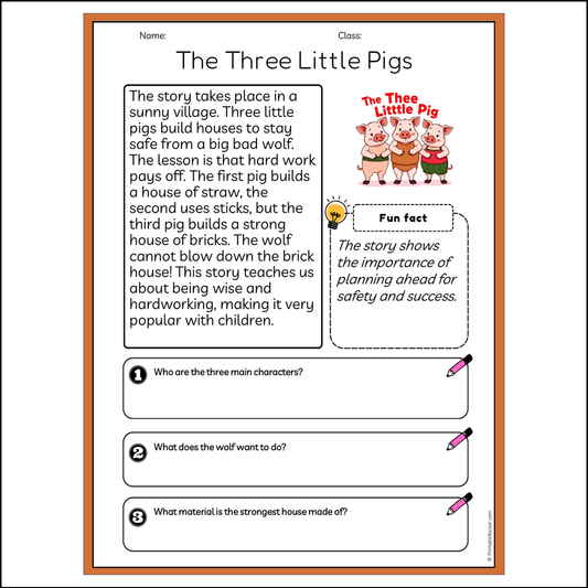 The Three Little Pigs | Reading Passage Comprehension Questions Writing Facts Worksheet