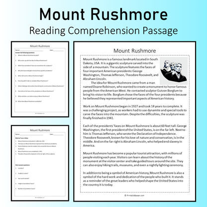 Mount Rushmore | Reading Comprehension Passage Printable Worksheet