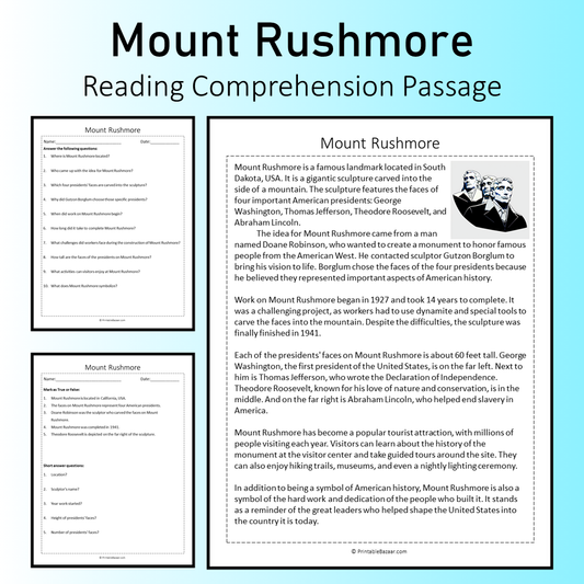 Mount Rushmore | Reading Comprehension Passage Printable Worksheet