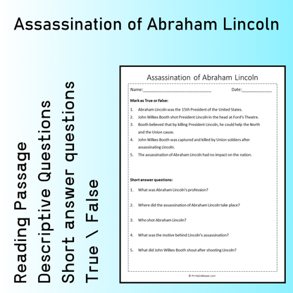 Assassination of Abraham Lincoln | Reading Comprehension Passage Printable Worksheet