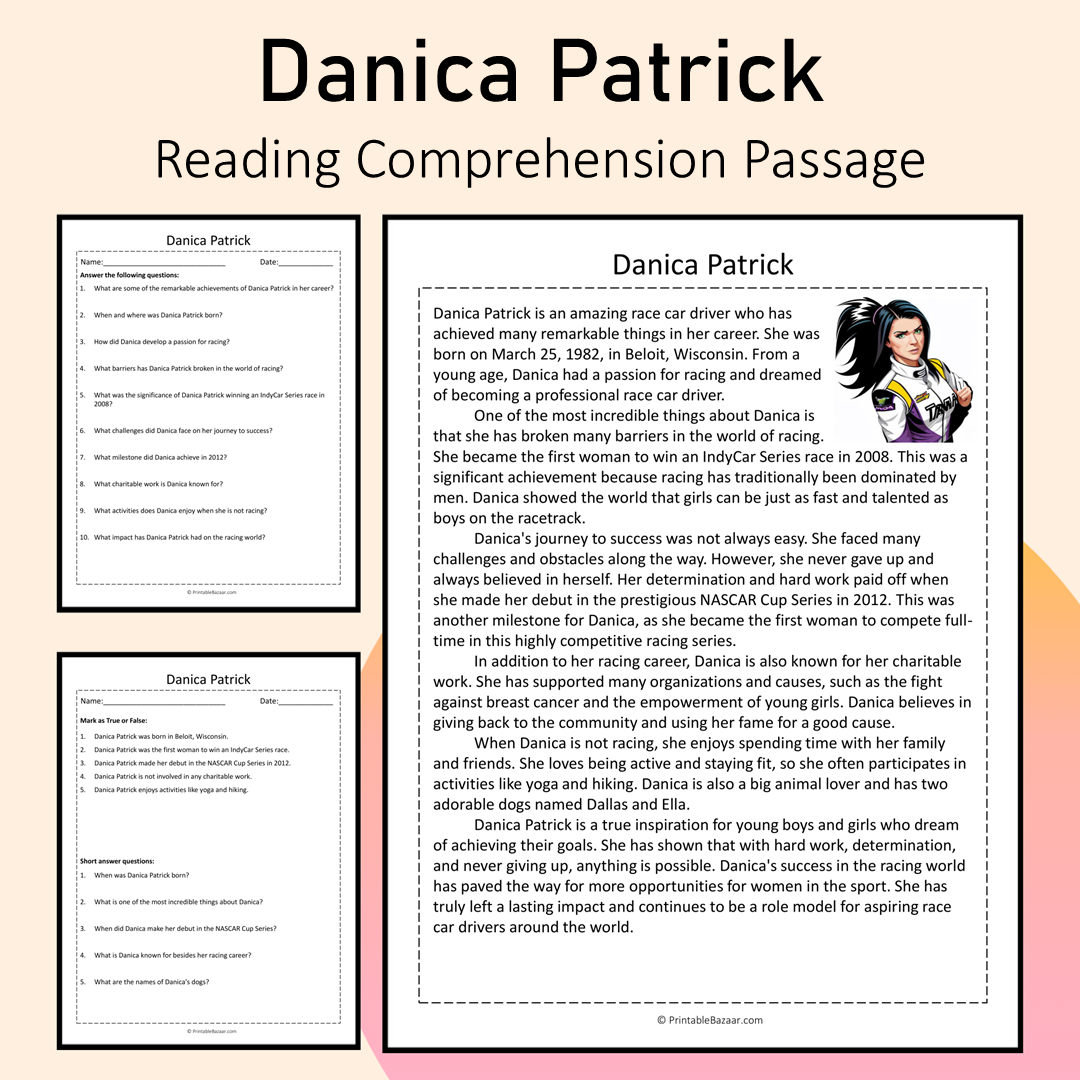 Danica Patrick | Reading Comprehension Passage Printable Activity