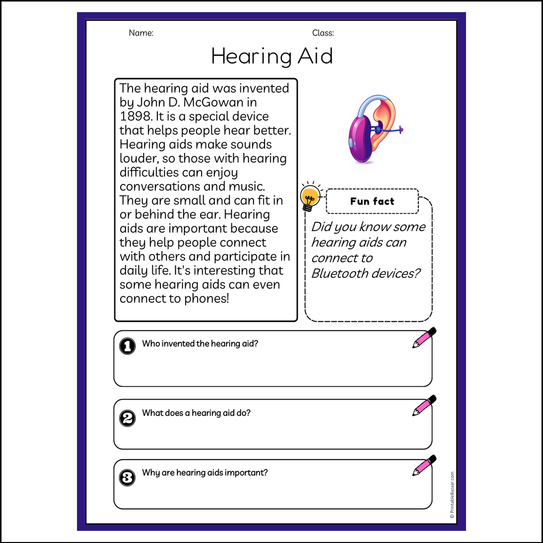 Hearing Aid | Reading Passage Comprehension Questions Writing Facts Worksheet