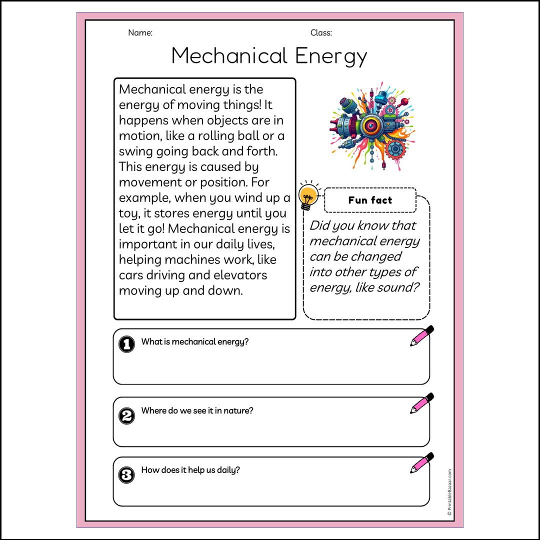 Mechanical Energy | Reading Passage Comprehension Questions Writing Facts Worksheet